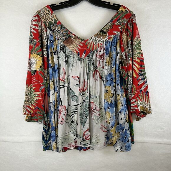 Tropical Resort Blouse Sacred Threads V Neckline Sz L/XL flowy relaxed island - Picture 7 of 10